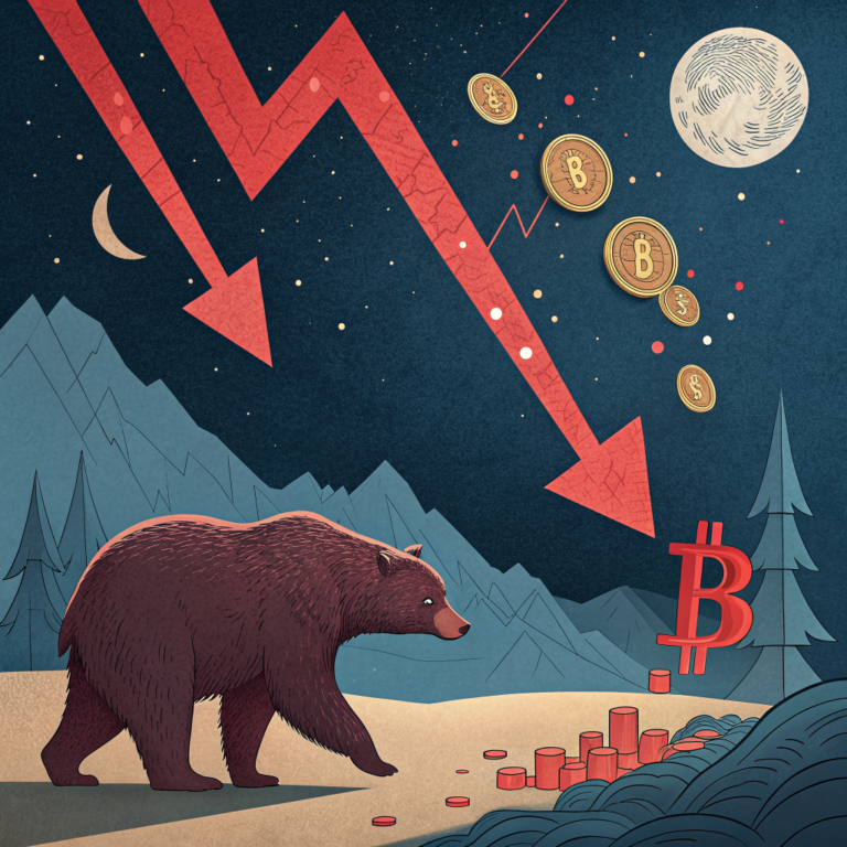 코인 하락장 극복 가이드 — 물렸을 때 대처법 일러스트 (AI 생성 이미지, Recraft V3)