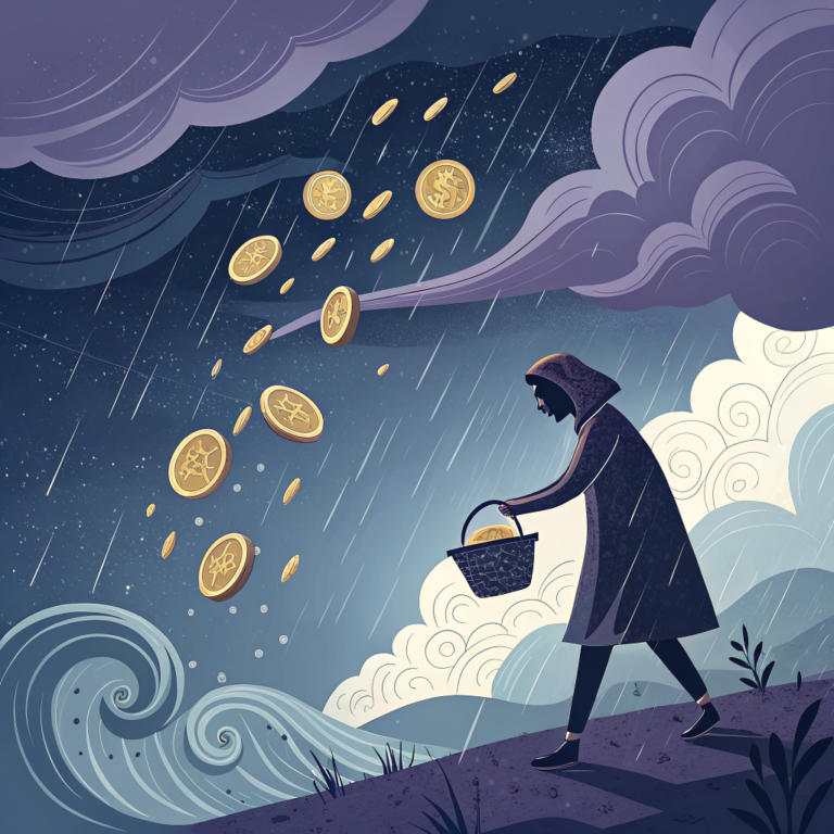 하락장에서 DCA 분할 매수 전략을 실행하는 투자자 개념 일러스트 - AI 생성 이미지 (Recraft V3)