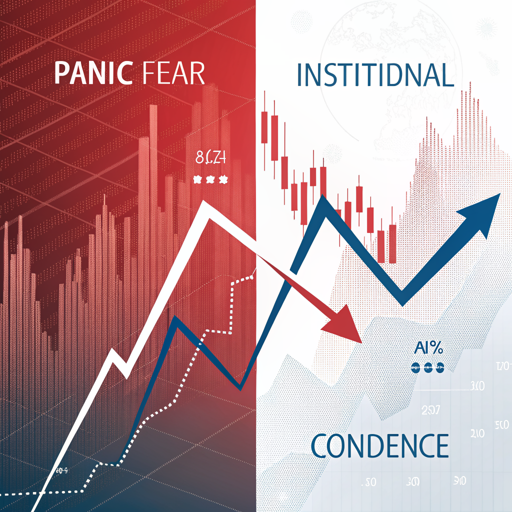공포와 탐욕이 교차하는 암호화폐 시장을 표현한 추상 일러스트 — AI 생성 이미지 (Recraft V3)