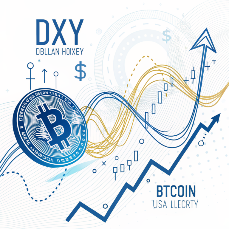달러 인덱스(DXY)와 비트코인 역상관 관계를 나타내는 추상 금융 일러스트 (AI 생성 이미지, Recraft V3)