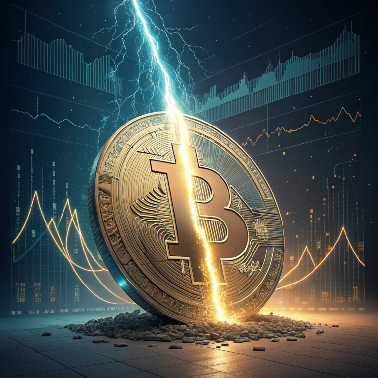 비트코인 반감기 개념을 시각화한 일러스트레이션 - 반으로 나뉘는 비트코인과 시장 사이클 차트