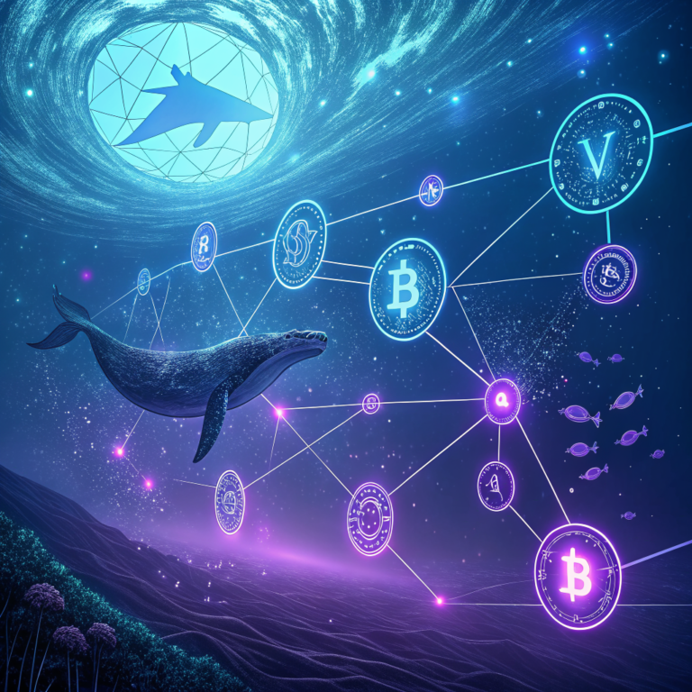 온체인 분석과 고래 추적을 상징하는 블록체인 네트워크 시각화 (AI 생성 이미지, Recraft V3)